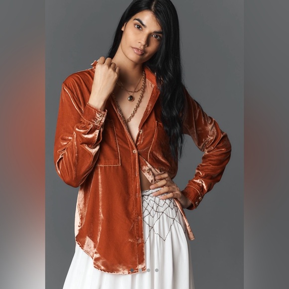 Anthropologie Tops - Anthropologie Pilcro Hadley Relaxed Velvet Button-Down Top Burnt Orange, size M